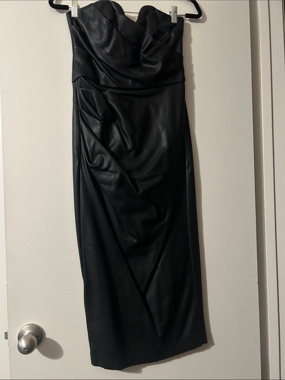 Sheike Strapless Black Faux-Leather Midi Dress